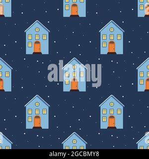 Seamless pattern with cute houses with a bright roof on the snow, light in the windows and chimneys. Merry holiday print, New Year and Christmas decorations. Winter and festive background Stock Vector