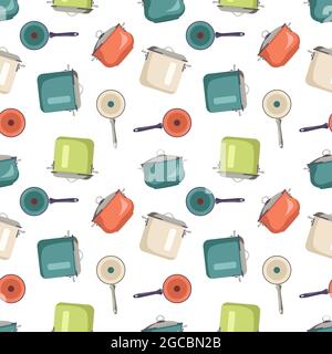 Seamless pattern with pots and pans. Kitchen print with utensils for cooking. Cooking items on background Stock Vector
