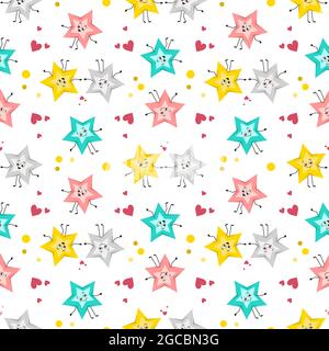 Cute seamless pattern with enamoured stars with happy faces, joyful eyes, arms and legs. Print with characters, couple with hearts Stock Vector