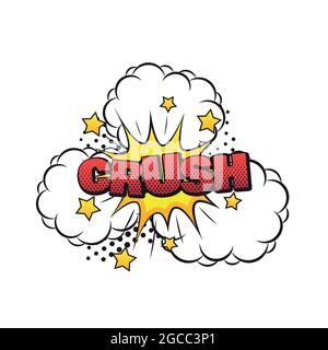 Comic crush art pop with clouds sign over white background, vector Stock Vector