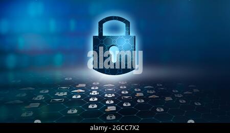 Highly secure IT device protection shield. blue background Stock Photo