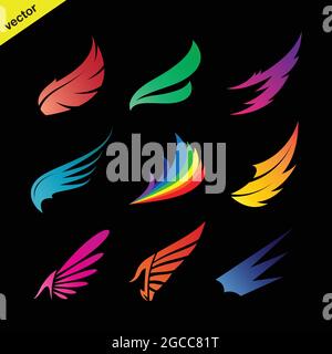 Vector colorful wing icons set on black background., vector of wing for your design. Easy editable layered vector illustration. Wild Animals. Stock Vector