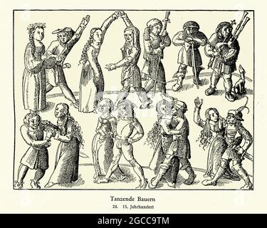 Vintage illustration Dancing peasants, 15th Century Young man and women performing a folk dance, piper playing bagpipe, Warrior with battleaxe watchin Stock Photo