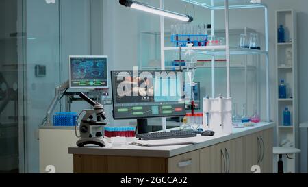 Empty laboratory room with dna animation on monitor for scientific ...