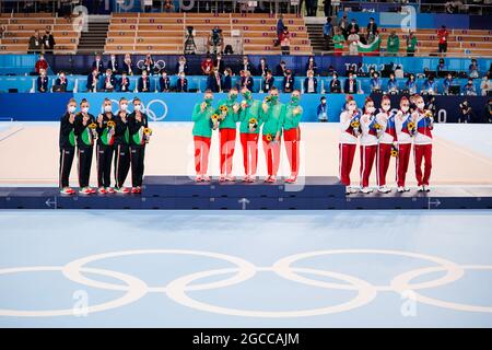 (L-R) Italy Team Group (ITA),  Bulgaria Team Group (BUL),  ROC team group (ROC),  AUGUST 8, 2021 - Rhythmic Gymnastics : Group All-Around Medal Ceremony  during the Tokyo 2020 Olympic Games  at the Ariake Gymnastics Centre in Tokyo, Japan. (Photo by Kohei Maruyama/AFLO) Stock Photo