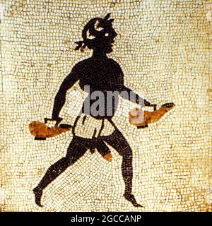 Mosaic Art - Roman Mosaic from the entrance to the Caldarium in the House of Menander in Pompeii. Black servant carrying water vessels. Stock Photo