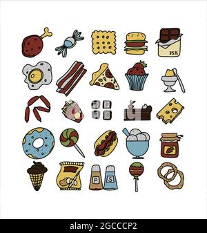 Doodle food set of fast-food products. Hand-drawn sweets, desserts, snacks, popcorn, American food and English breakfast. A big set of cartoon food Stock Vector