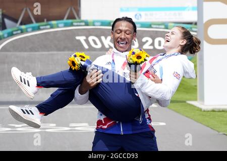 Great Britain medallists from the Tokyo 2020 Olympic Games. File photo dated 30-07-2021 of Great Britain's Bethany Shriever and Kye Whyte celebrate their Gold and Silver medals respectively for the Cycling BMX Racing at the Ariake Urban Sports Park on the seventh day of the Tokyo 2020 Olympic Games in Japan. Issue date: Sunday August 8, 2021. Stock Photo