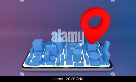 Mobile digital city map with red pin pointers.,delivery concept.,3D rendering. Stock Photo