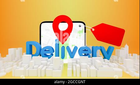 Model city map with red pin pointers and mobile phone.,delivery concept.,3D rendering. Stock Photo