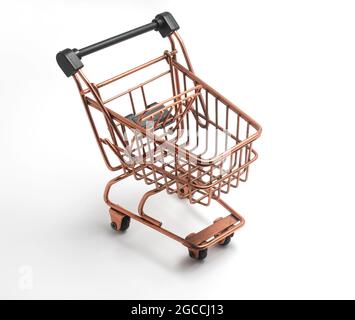 Empty shopping trolley isolated on white, closeup. Some empty space for copy Stock Photo
