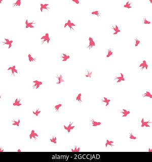 Seamless pattern with pink swallow silhouette on white background. Cute bird in flight. Vector illustration. Doodle style. Design for invitation Stock Vector