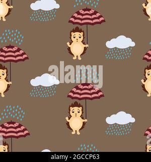 Cute hedgehog under umbrella seamless pattern. Design element for textile, prints for clothes. Vector colorful illustration. Stock Vector