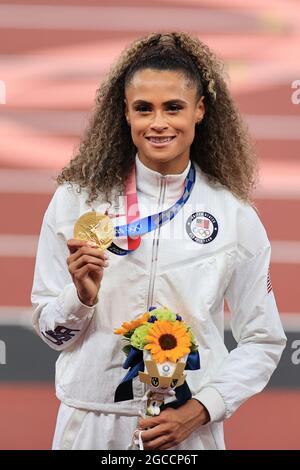 Sydney McLaughlin of Team United States (USA) poses with the gold medals,  AUGUST 7, 2021 - Athletics : Women's 4 x 400m Relay Final - medal Ceremony  during the Tokyo 2020 Olympic Games at the National Stadium in Tokyo, Japan. (Photo by AFLO SPORT) Stock Photo