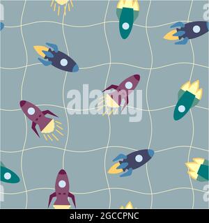 Cute rocket seamless pattern. Design element for textile, prints for clothes. Vector colorful illustration. Stock Vector