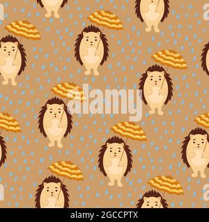 Cute hedgehog under umbrella seamless pattern. Design element for textile, prints for clothes. Vector colorful illustration. Stock Vector
