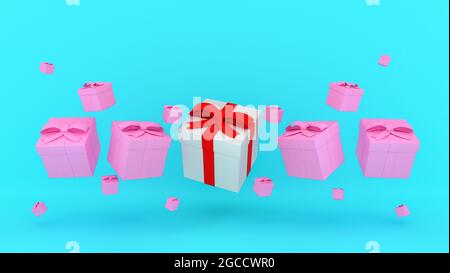 White gift box with red ribbon among many pink gift box floating on blue background., 3D rendering. Stock Photo