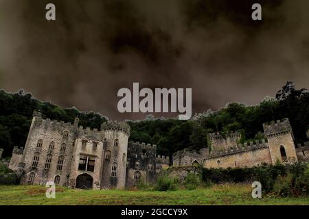 Gwrych Castle is a Grade I listed 19th-century country house near Abergele in Conwy, Wales. Solarised Photography Effect. Stock Photo