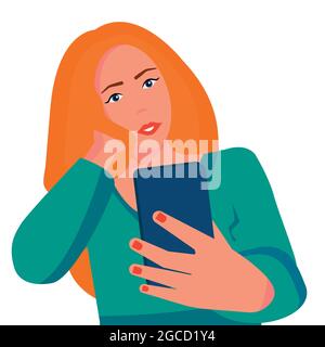 A young girl communicates on a dating site using her phone. Vector. Video communication concept with a good person. Vector illustration in a flat styl Stock Vector
