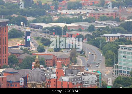 One of many views across Leeds City Centre from the top of Yorkshire's tallest building 'Altus House' Stock Photo