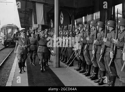 HENDAYE, FRANCE - 23 October 1940 - General Francisco Franco (right 1892-1975) Adolf Hitler inspect Nazi trops during their meeting in Hendaye, France Stock Photo