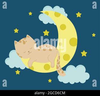 Cute cat sleeping on the moon. Baby animal concept illustration for nursery, character for children. Stock Vector