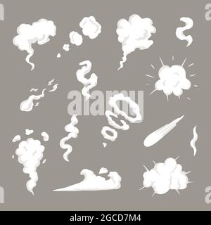 Vector smoke set special effects template. Cartoon steam clouds, puff, mist, fog, watery vapour or dust explosion. Stock Vector