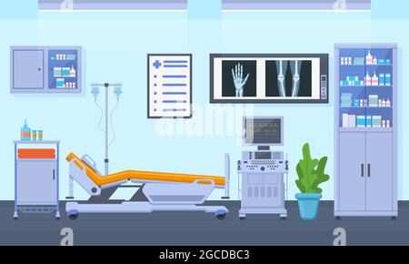 Medical therapy hospital healthcare equipment room interior. Intensive therapy room, clinic equipment interior vector illustration. Hospital emergency Stock Vector