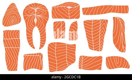 Traditional asian cuisine salmon slices sushi ingredients. Hand drawn salmon pieces, delicious fish slices vector illustration set. Asian sashimi fish Stock Vector