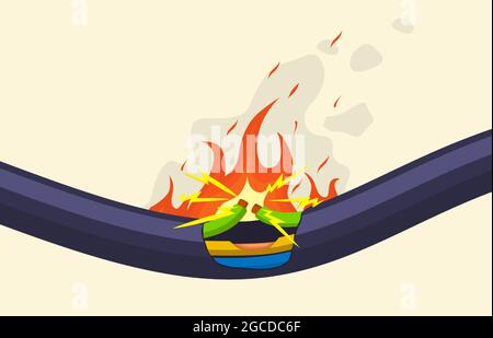 Broken short circuit burning electrical cable wire. Damaged electrical cable in red flame vector illustration set. Burning electrical cable wires Stock Vector