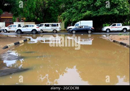 Khartoum, Sudan. 8th Aug, 2021. A waterlogged area is seen after heavy rain hit Khartoum, Sudan, Aug. 8, 2021. Credit: Mohamed Khidir/Xinhua/Alamy Live News Stock Photo