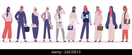 Arabic muslim stylish business people group standing together. Male and female business office characters in traditional clothes vector illustration Stock Vector