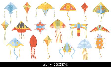 Cartoon summer outdoor activity flying paper kites. Children kite games paper toy isolated vector illustration set. Wind flying kids kite toys Stock Vector