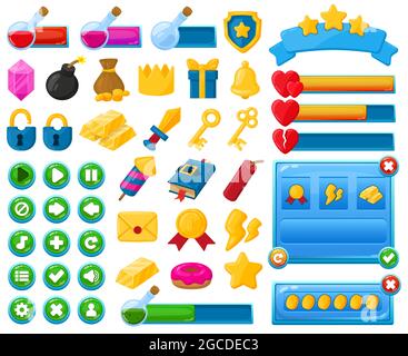 Cartoon mobile game user interface kit elements. Casual game interface menu buttons, trophies and bars vector illustration set. Mobile game user Stock Vector