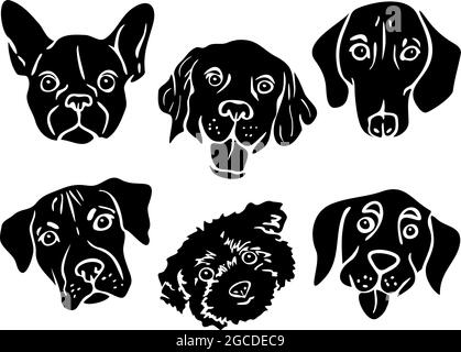 Vector illustration set with silhouettes of dog faces. Collection of black and white dog portraits. Stock Vector