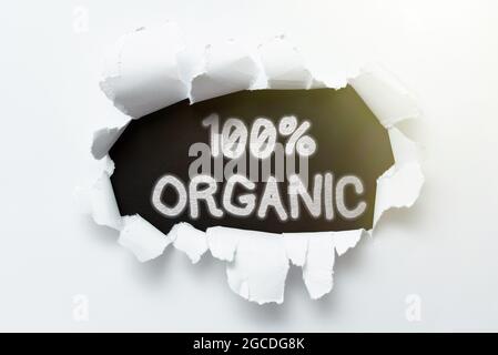 Text caption presenting 100 Percent Organic. Business overview ingredients are certified no artificial food additives Tear on sheet reveals background Stock Photo