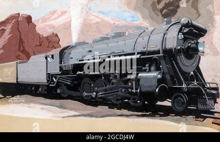 Vintage train / railway / transportation poster. Steam Train illustration. Artist unknown. Stock Photo
