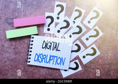 Text showing inspiration Digital Disruption. Word for transformation caused by emerging digital technologies Progress In Solving Problems Breakthrough Stock Photo