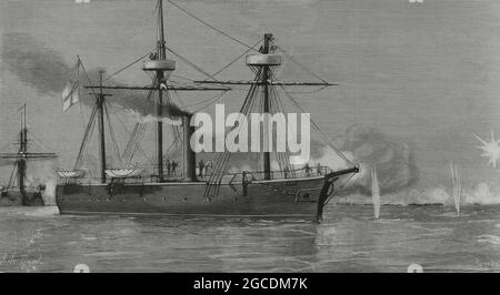 Intervention of the British army in Egypt, 1882. Events of Alexandria. The British steam gunboat HMS Condor (launched on 28 December 1876), Royal Navy Condor-class. Commanded by Lord Charles Beresford. It took part in the bombing of Fort Marabout. Engraving by Tomás Carlos Capuz. La llustración Española y Americana, 1882. Stock Photo