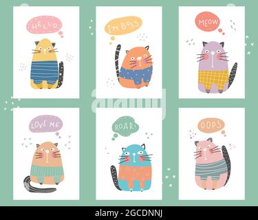 Cute collection of an cats with lettering Childish print for nursery Ideal for baby posters cards clothes Vector cartoon illustration in pastel colors Stock Vector