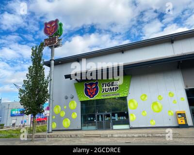 Oberhausen, Germany - July 9. 2021: View on building entrance of tiger jump trampoline park Stock Photo