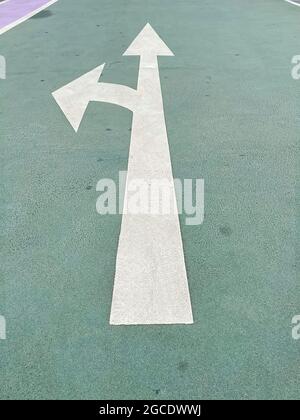 Simple make a turn choice concept: White isolated arrow on green pavement showing direction straight ahead or left Stock Photo
