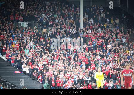 LONDON, UK. AUG 8TH Middlesbrough fans during the Sky Bet Championship match between Fulham and Middlesbrough at Craven Cottage, London on Sunday 8th August 2021. (Credit: Tom West | MI News) Credit: MI News & Sport /Alamy Live News Stock Photo