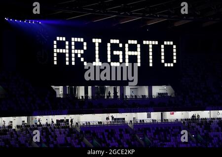 The word 'Arigato' written in lights during the closing ceremony of the Tokyo 2020 Olympic Games at the Olympic stadium in Japan. Picture date: Sunday August 8, 2021. Stock Photo