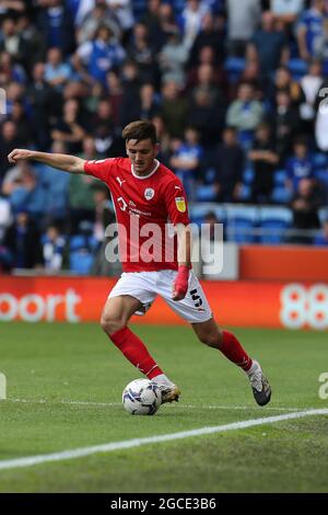 Cardiff, UK. 07th Aug, 2021. Liam Kitching of Barnsley FC in action. EFL Skybet championship match, Cardiff city v Barnsley at the Cardiff City Stadium in Cardiff, Wales on Saturday 7th August 2021. this image may only be used for Editorial purposes. Editorial use only, license required for commercial use. No use in betting, games or a single club/league/player publications. pic by Andrew Orchard/Andrew Orchard sports photography/Alamy Live news Credit: Andrew Orchard sports photography/Alamy Live News Stock Photo