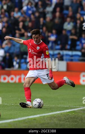 Cardiff, UK. 07th Aug, 2021. Liam Kitching of Barnsley FC in action. EFL Skybet championship match, Cardiff city v Barnsley at the Cardiff City Stadium in Cardiff, Wales on Saturday 7th August 2021. this image may only be used for Editorial purposes. Editorial use only, license required for commercial use. No use in betting, games or a single club/league/player publications. pic by Andrew Orchard/Andrew Orchard sports photography/Alamy Live news Credit: Andrew Orchard sports photography/Alamy Live News Stock Photo