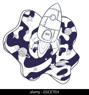 Cartoon Spaceship Illustration. Hand drawn rocket icon. Space ship launch sketch concept of business product, suitable for Web Landing Page, Banner, Flyer, Sticker, Card, nursery decoration, wallpaper Stock Vector