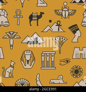 Dark seamless pattern of symbols, landmarks, and signs of Egypt from icons in a linear style Stock Vector