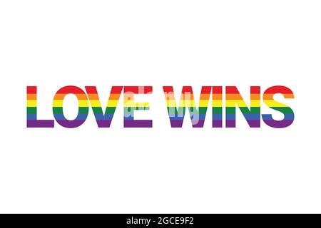 Modern, colorful, vibrant typographic graphic design of saying "Love Wins" in rainbow flag colors. Simple, bold, vibrant and urban graphic vector art. Stock Photo