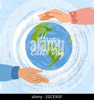 The planet is protected by hands. Colored vector illustrations in flat style. The design of the leaflets from Earth Day. Stock Vector